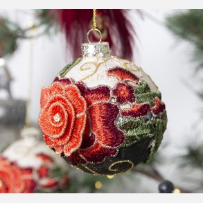 Julekugle med rd stofblomst