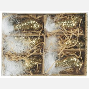 Fugl m/fjer og clips guldglitter