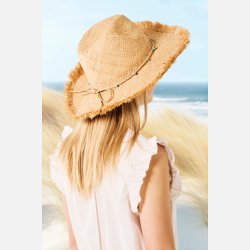 Hat Daisy m/frynset skygge og turkise perler i bindebnd one size