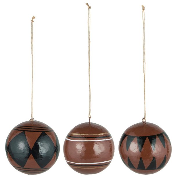 Julekugle papmache rustic brown m/m�nster 3 stk