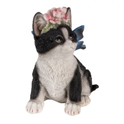 Siddende kat, sort hvid med bl� sommerfugl