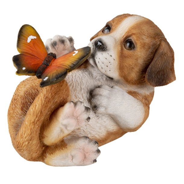 Hund liggende p� ryggen , gul/hvid med sommerfugl