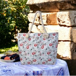 Strandtaske, hvid med blomster